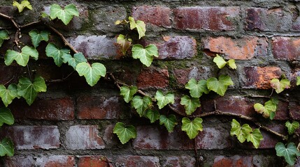 Ivy climbing up a weathered red brick wall, adding green to the scene