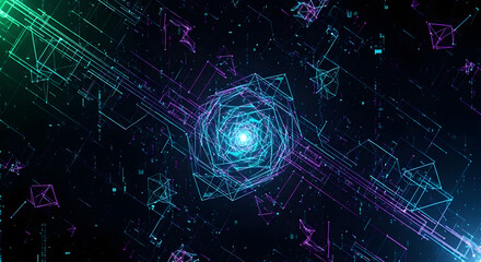 Obraz premium Abstract Digital Tunnel with Glowing Lines and Geometric Shapes, Futuristic Cyberspace Background
