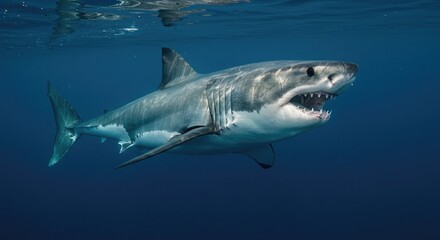 Naklejka premium Powerful Great White Shark Underwater, Jaws Slightly Open, Revealing Razor-Sharp Teeth in Deep Blue Ocean
