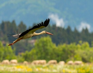 Obraz premium Stork in flight over meadow with sheep