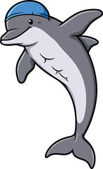 Fototapeta premium Cute Swimming Dolphin Clipart Vector Illustration of Cartoon Dolphin Wearing Blue Swim Cap