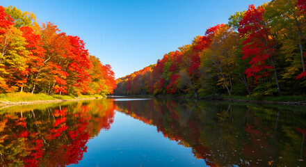 Vibrant Autumn Foliage Reflecting on Still Waters Beneath a Clear Blue Sky on a Crisp Fall Day