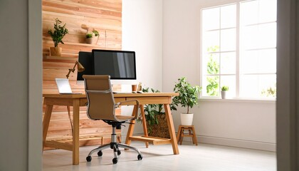 Light-filled home office with wooden accents