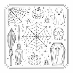 Spooky Halloween Elements Pumpkins Spiders Ghosts and Cobwebs in a Frame