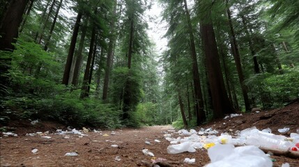 A serene forest pathway is disrupted by discarded trash. Lush green trees surround a dirt road, illustrating the contrast between nature and pollution. 