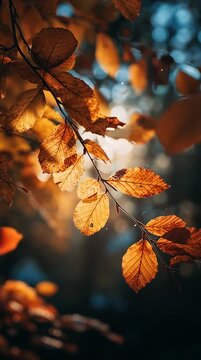 Golden autumn leaves illuminated by soft sunlight.