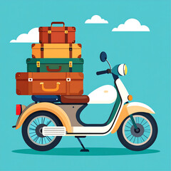Obraz premium A scooter carries a stack of suitcases against a blue sky with fluffy white clouds.