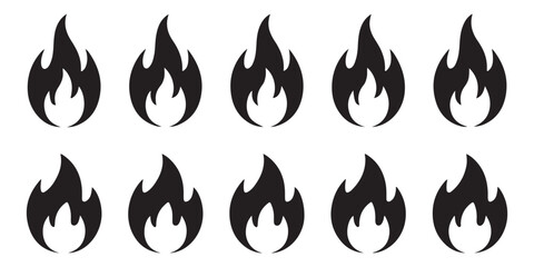 Fire icon collection. Fire flame symbol. Bonfire silhouette logotype. Flames symbols set flat style - stock vector.