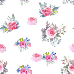 
seamless pattern with roses flowers, watercolor hand drawn on white background
