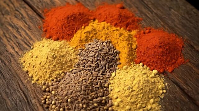 Aromatic Spices Arranged in Concentric Circles - A top-down view showcases various colorful spices arranged in concentric circles on a rustic wooden surface.