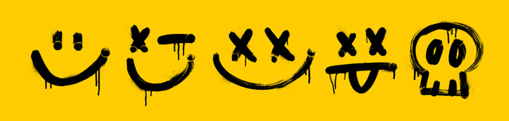 Graffiti spray paint faces with smile, grunge skull. Collection of face and emotion symbols on yellow background. © Anastasiia Hevko
