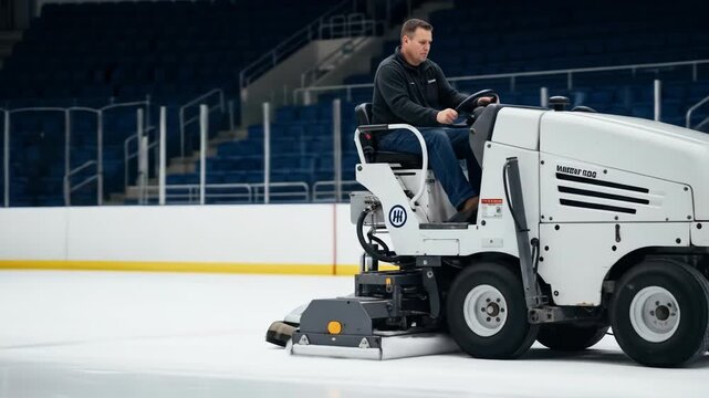 Man Operating Ice Resurfacing Machine in an Indoor Arena