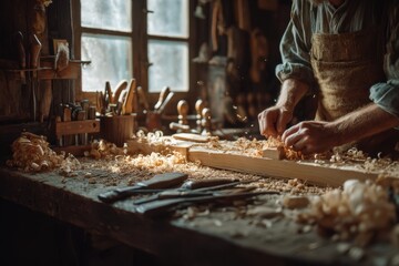 Carpenter planing wood in a rustic workshop with sunlight streaming through the window, creating shavings.