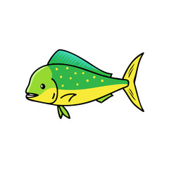 Cartoon Mahi Mahi fish against black background graphic illustration