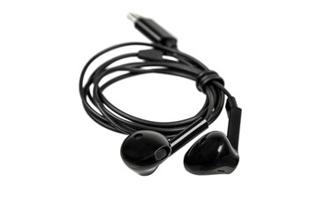A pair of black wired earbuds with a coiled cable, isolated on a white back