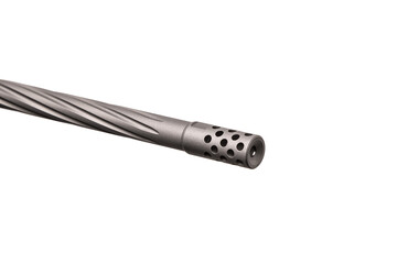 
Close-up of a fluted rifle barrel with a muzzle brake on a white backg