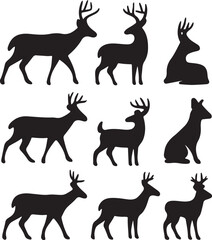 Fototapeta premium White tailed Deer Silhouettes Set Minimal Black Vector Icons on Transparent Background
