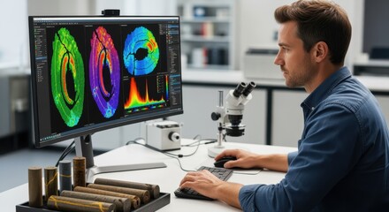 Data scientist processes raw hyperspectral images of geological core samples using specialized software to identify trace elements and mineral distribution.