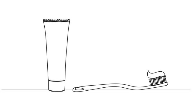 animated continuous single line drawing of toothbrush and tube of toothpaste, line art animation
