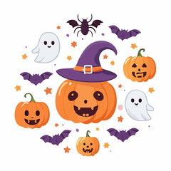 Cute Halloween Pumpkins Ghosts and Bats in a Circular Design