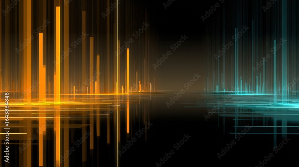 Aufkleber golden and cyan vertical light bars reflecting on glossy surface, abstract futuristic background wit