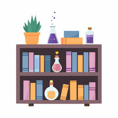 Colorful Bookshelf with Potions Plant and Assorted Books Displayed