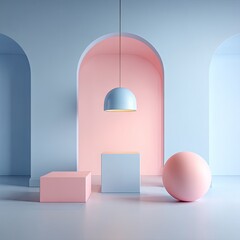 Fototapeta premium Pastel pink and blue arched room with hanging light, cube, and sphere product display