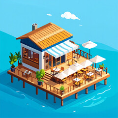Fototapeta premium Isometric illustration of a seaside cafe on a floating platform, complete with tables and umbrellas.