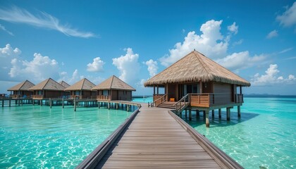 Fototapeta premium Overwater bungalows in a tropical paradise with crystal-clear turquoise waters, white sandy beach, and a sunny blue sky