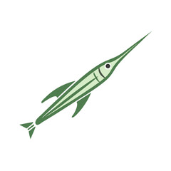 Green stylized swordfish against a stark black background illustration