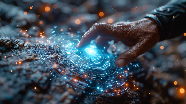 Ancient hand activates glowing rune circle on rock, sparks fly