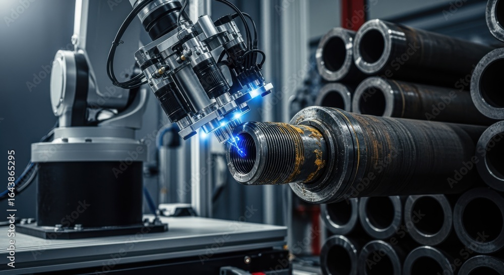 Aufkleber geothermal drill string threads being checked by a robotic arm equipped with sensors for precision m