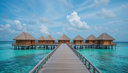 Obraz premium Overwater bungalows in a tropical paradise with crystal-clear turquoise waters, white sandy beach, and a sunny blue sky