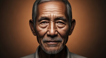 Senior Man with Silver Hair Smiling Gently on Brown Background