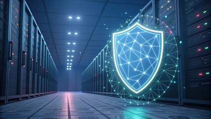 Cybersecurity Shield Protecting Data in a Modern Server Room