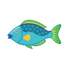 Stylized illustration of colorful tropical fish swimming on black