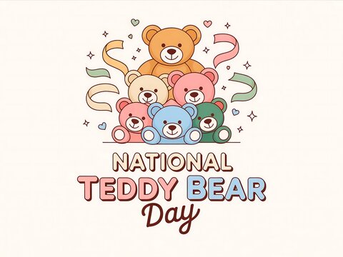 Adorable group of colorful teddy bears celebrating national teddy bear day with festive decorations - Powered by Adobe
