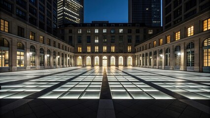  Illuminated Modern Courtyard with Glowing Glass Floor at Night