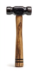 Small, dark-stained hardwood-handled hammer with a black, polished head;  features a thin, dark band near the base of the handle, isolated on a white background