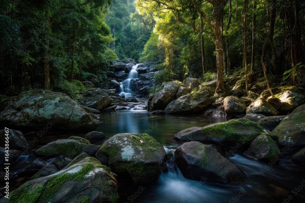 Poster scenic waterfall cascading through a lush, green forest, creating a serene and refreshing atmosphere