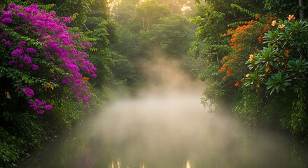 Obraz premium Misty river flows through a lush green forest, with vibrant purple and orange flowers blooming on the banks, illuminated by soft sunlight.