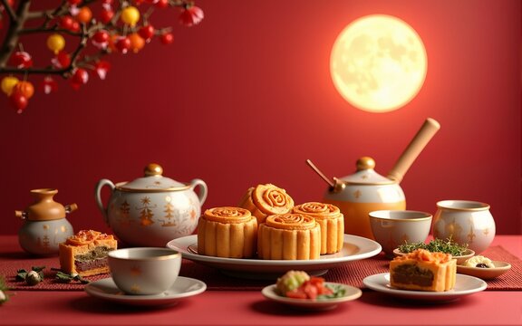 Traditional chinese fest set. Mid-Autumn festival, moon festival or mooncake. High quality
