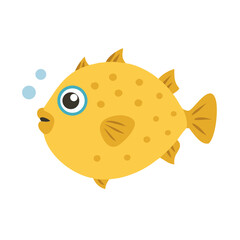 Cartoon puffer fish with bubbles on a black background