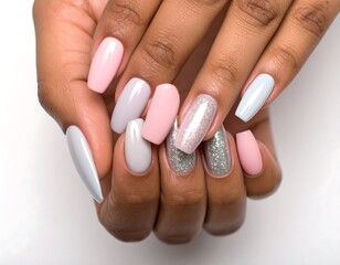 Close-up of manicured nails in pastel shades
