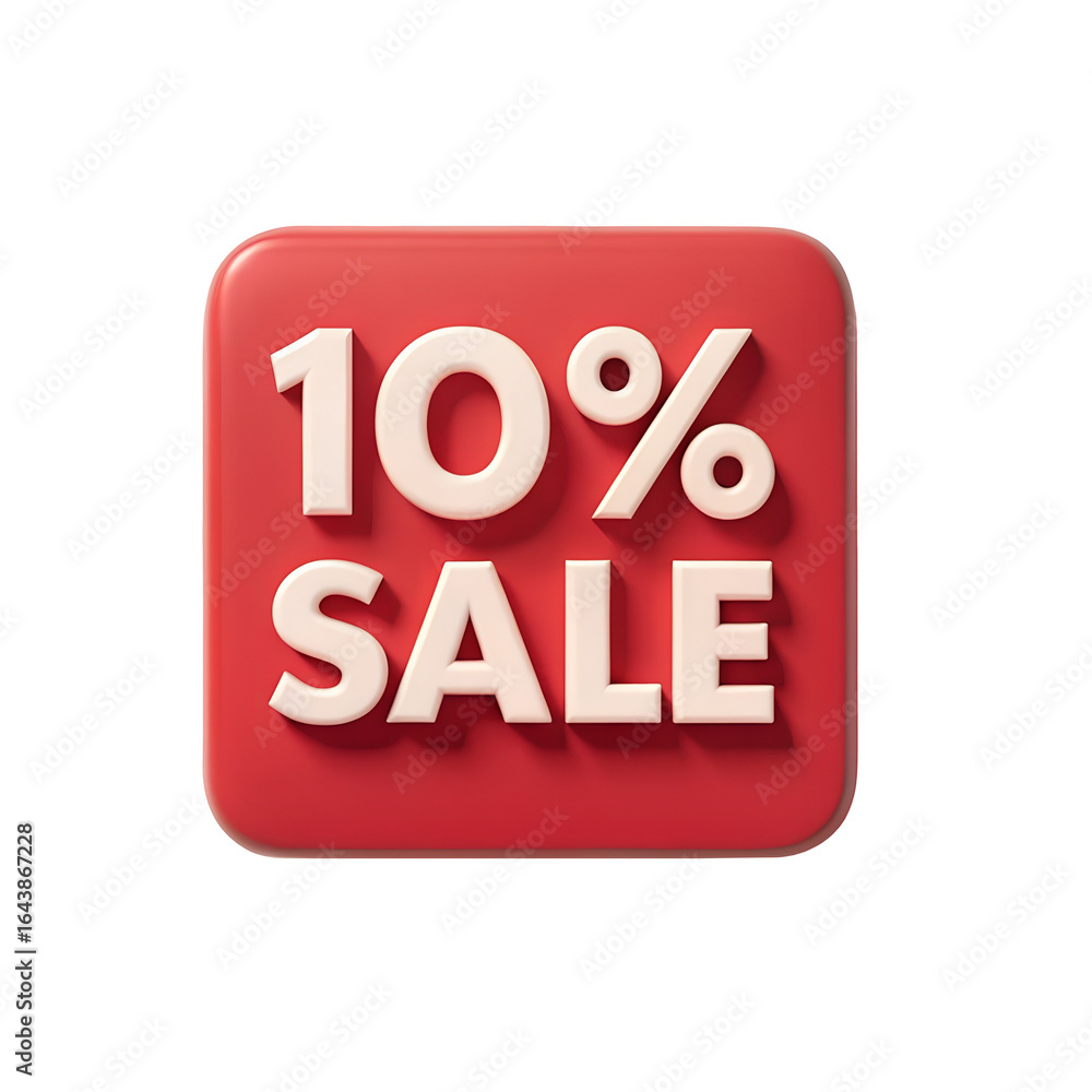 Poster red square button with 10 percent sale text isolated on transparent background