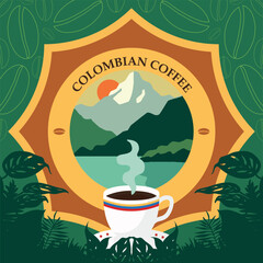 Colombian coffee from the mountains of South America, among silhouettes of leaves and branches from the jungle and the Colombian coffee region.