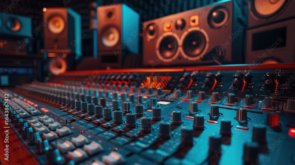 Poster a detailed view of a professional audio mixing console with many knobs and controls