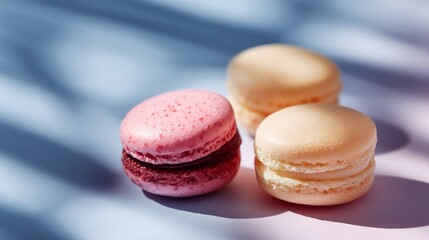 Colorful macarons arranged on a soft pastel background. These sweet treats are perfect for any celebration or casual snack. Enjoy their delightful flavors and elegant style. AI