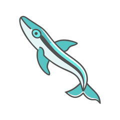 Stylized cartoon whale swimming, isolated on black background, vector