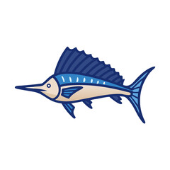 Stylized cartoon marlin on black background swims to right